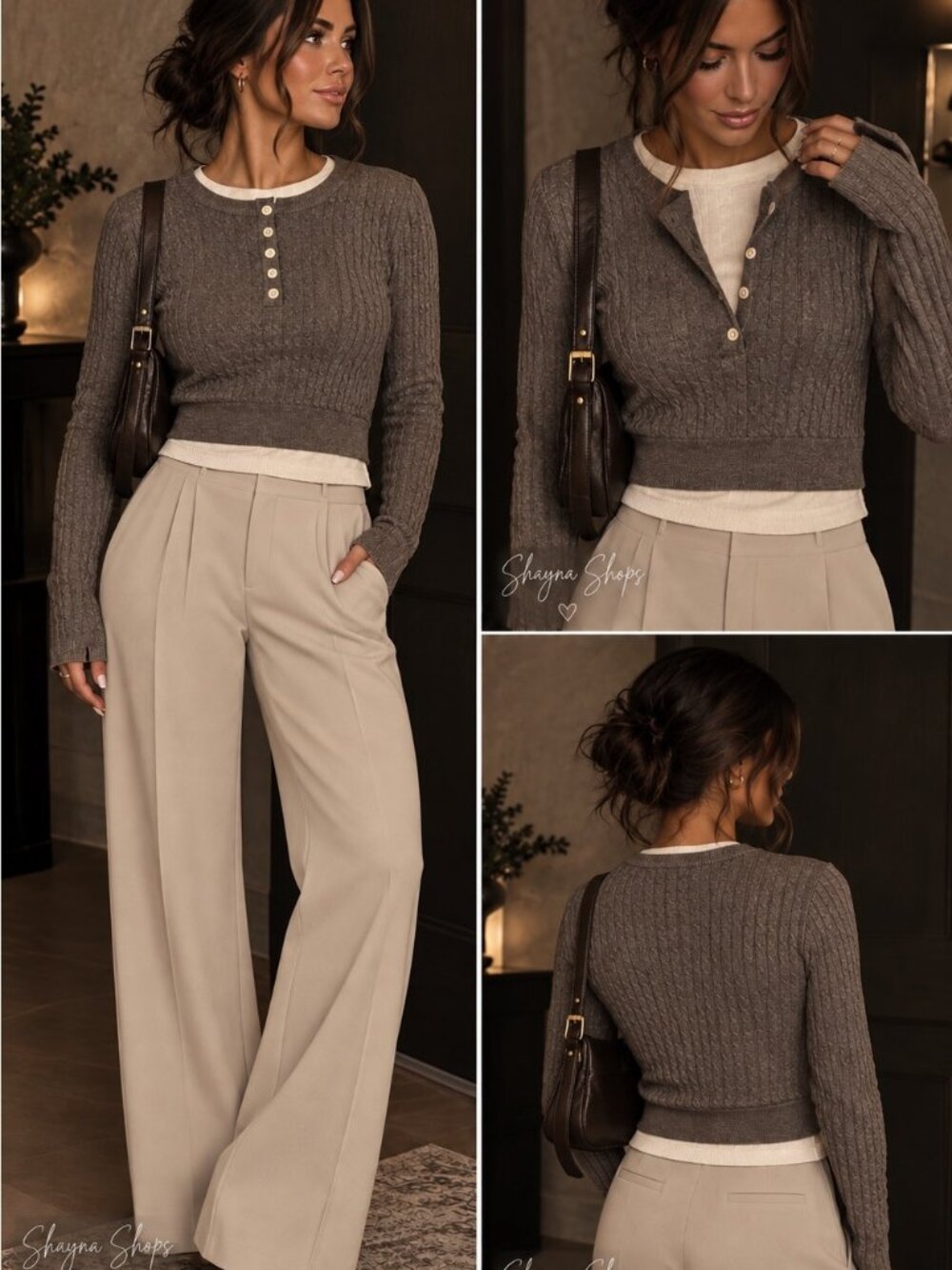 HEYSON Cable Knit Cropped Layered Henley Long Sleeve Sweater Top – Gray sz M nWT
